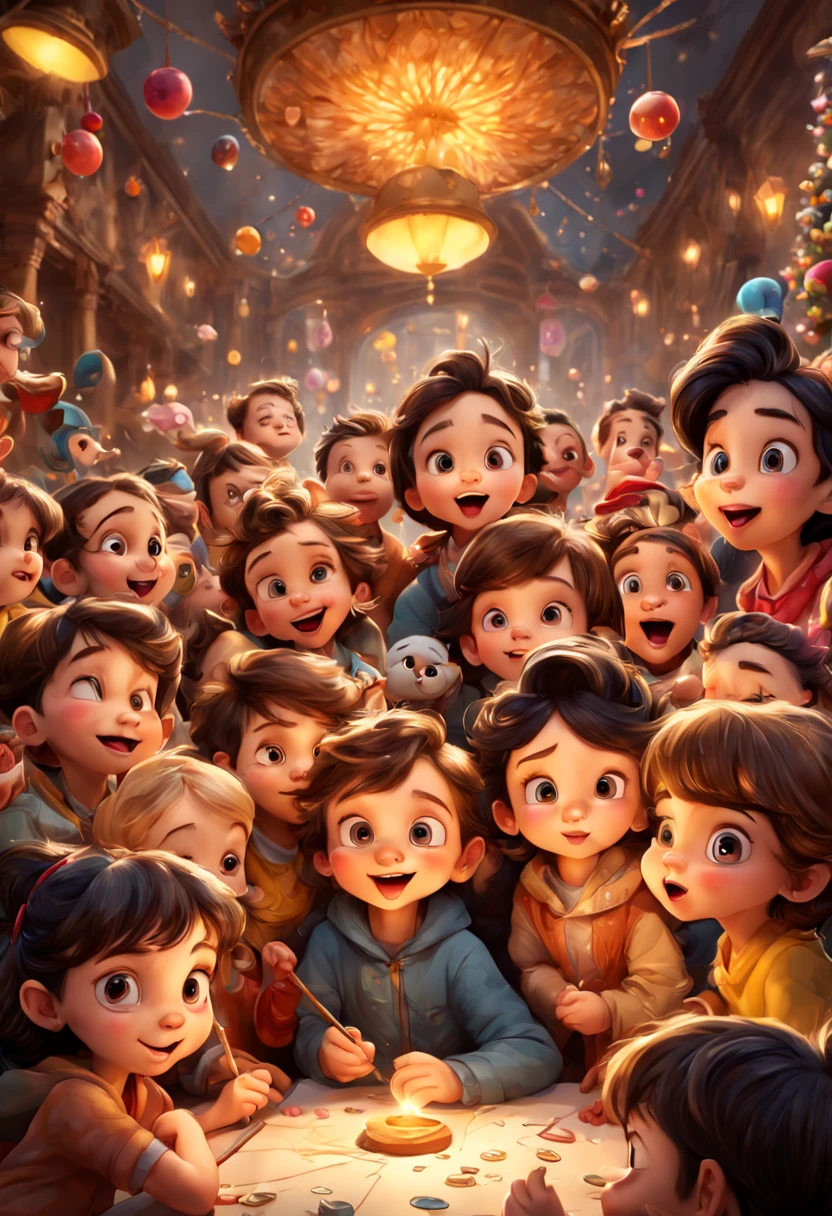 new year theme, The illustration should feature a group of adorable children. Use bright and vivid colors to bring out the playfulness of the characters. Experiment with a wide-angle lens to capture the entire group in a single frame. Ensure the scene is well-lit with soft, ambient lighting to maintain a cheerful atmosphere. Draw inspiration from renowned cartoonists and animation studios like Walt Disney for the charming and endearing character design, enhance, intricate, (best quality, masterpiece, Representative work, official art, Professional, unity 8k wallpaper:1.3)