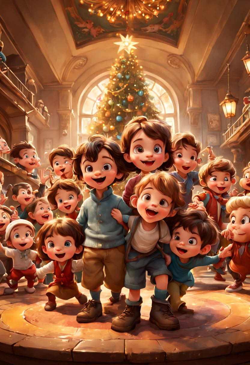 new year theme, The illustration should feature a group of adorable children. Use bright and vivid colors to bring out the playfulness of the characters. Experiment with a wide-angle lens to capture the entire group in a single frame. Ensure the scene is well-lit with soft, ambient lighting to maintain a cheerful atmosphere. Draw inspiration from renowned cartoonists and animation studios like Walt Disney for the charming and endearing character design, enhance, intricate, (best quality, masterpiece, Representative work, official art, Professional, unity 8k wallpaper:1.3)