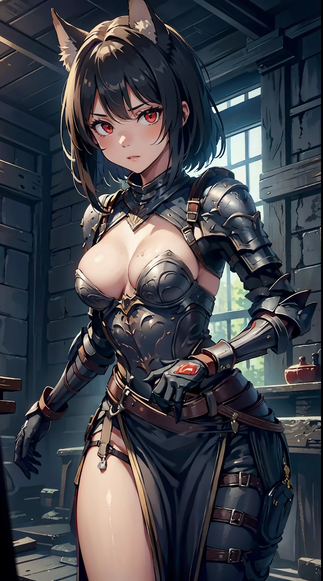 A wolf girl wearing leather armor with an erotic pose, black hair, red eyes, big breasts, large cheast, small waist, big buttocks, in front of camera