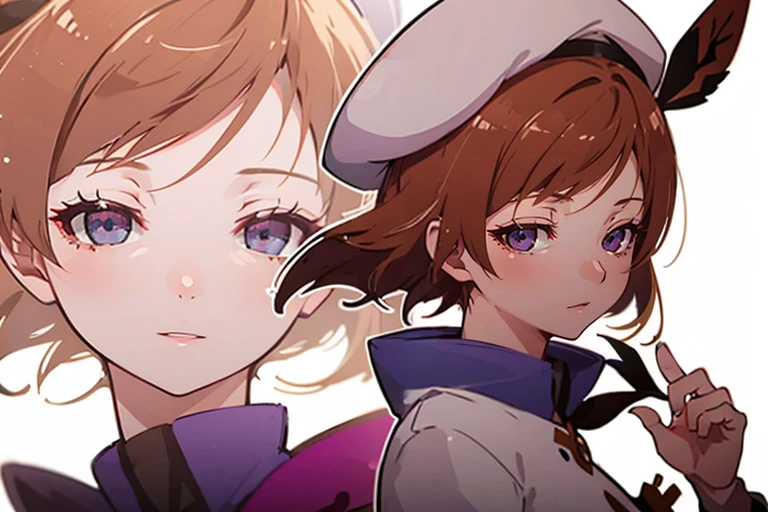 1girl in，Detailed details，orange brown hair，Blue eyes，((((White beret))))，White dress，short head hair，Purple ribbon，radiant eyes，Long skirt