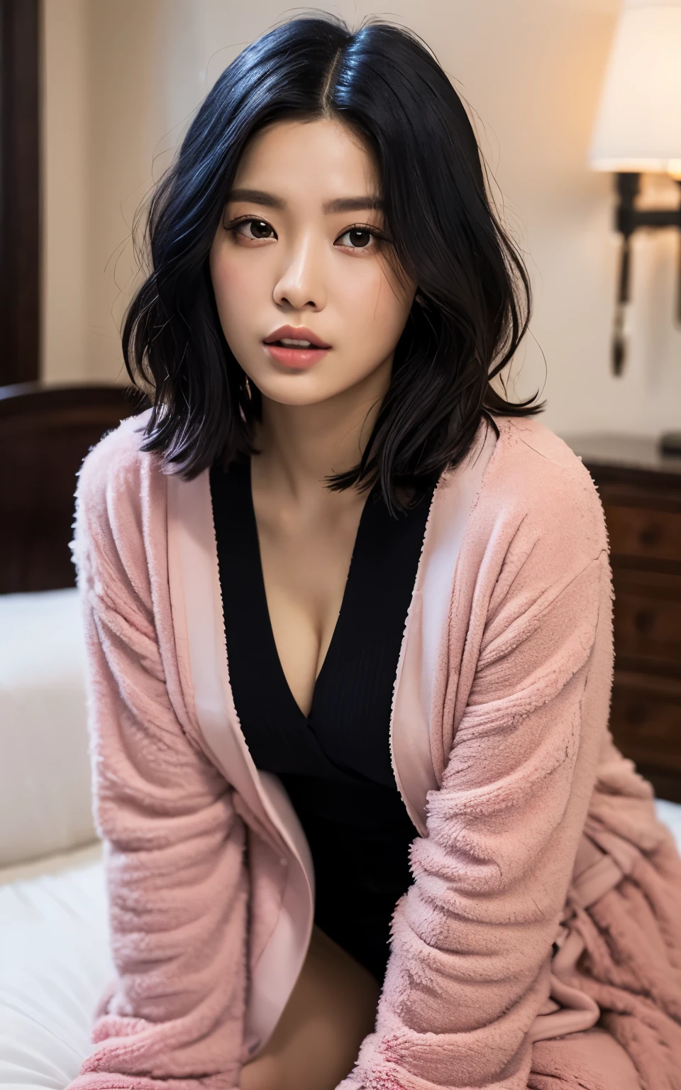 Highly detailed CG Unity 8k wallpaper, top quality, super detailed, masterpiece, realistic, photorealistic, highly detailed cute girl, 25 years old, ((black hair: 1.4)), ((dyed black)), (gal), round eyes, viewer, blush, parted lips, semi-body shot, (bathrobe) , bed , all fours ,short hair, ria_sunda