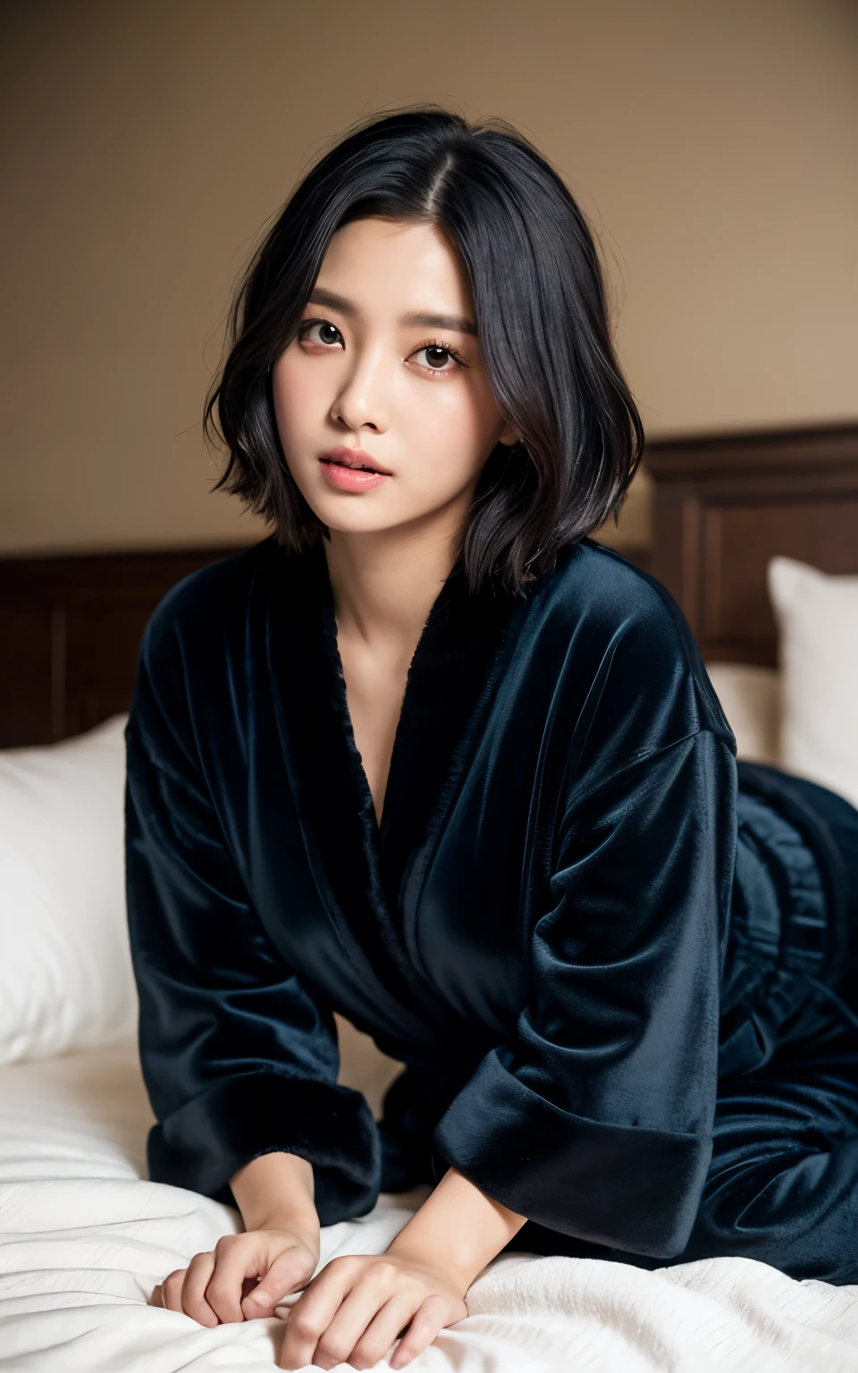 Highly detailed CG Unity 8k wallpaper, top quality, super detailed, masterpiece, realistic, photorealistic, highly detailed cute girl, 25 years old, ((black hair: 1.4)), ((dyed black)), (gal), round eyes, viewer, blush, parted lips, semi-body shot, (bathrobe) , bed , all fours ,short hair, ria_sunda