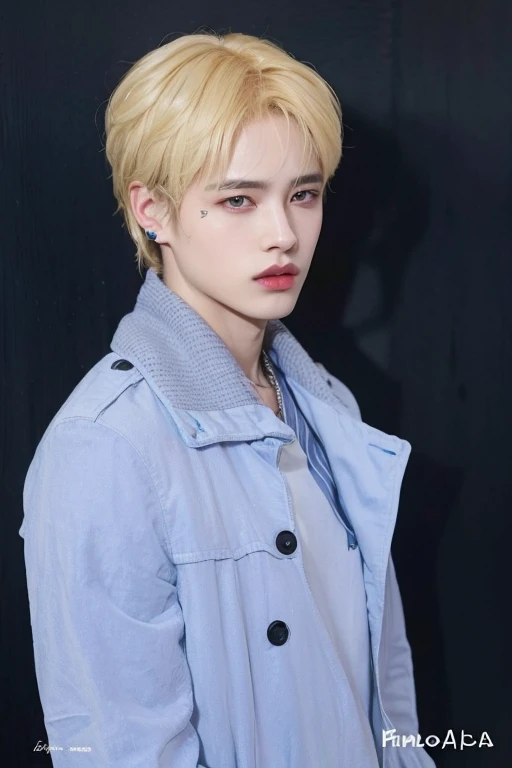 Chico de pelo rubio con ojos azules y una chaqueta azul., Jung Jaehyun, delicate androgynous prince, beautiful androgynous prince, An epic non-binary model, Cai Xukun, Chico rubio con ojos amarillos, on a mannequin. alta calidad, young blonde boy fantasy thief, Jimin, attractive androgynous humanoid, JIA