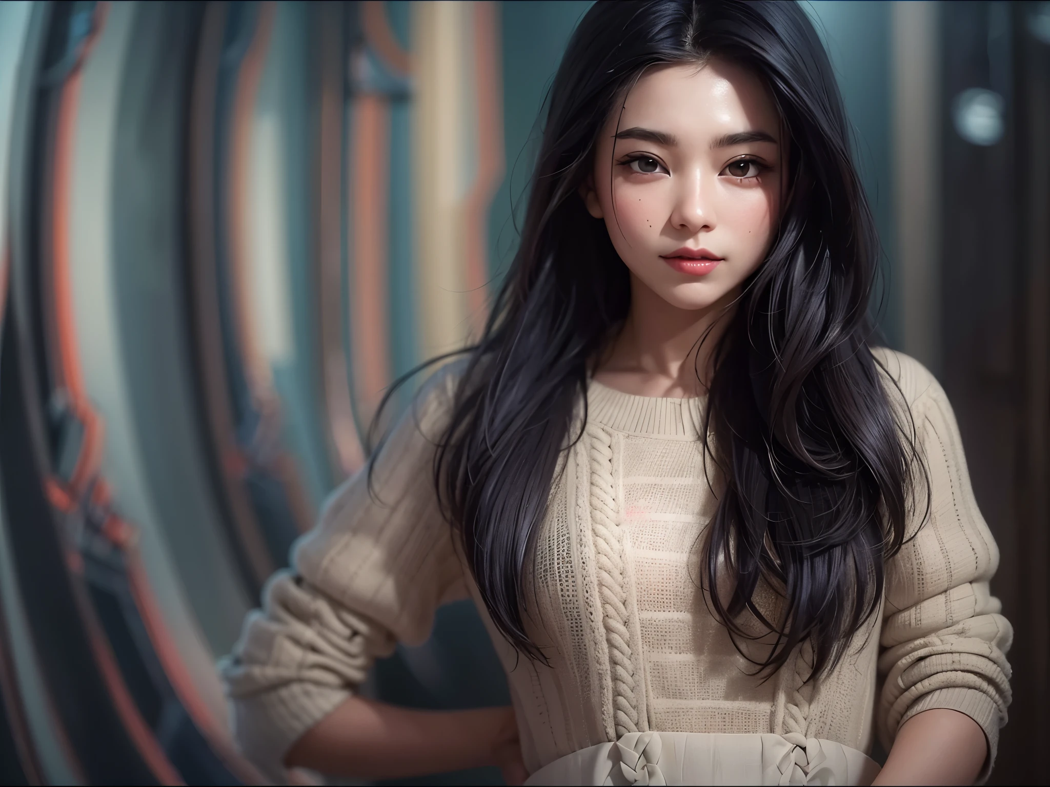 solo, cool woman, Sweater and checked skirt, black hair, long hair, shiny hair, jewelry, light smile, detailed beautiful face and eyes, Conceptual art, cinematic lighting, jpeg artifacts, Eye-Level Shot, drop shadow, depth of field, hyperrealism, tachi-e, masterpiece, retina, ccurate, best quality, highres, 4K, super detail