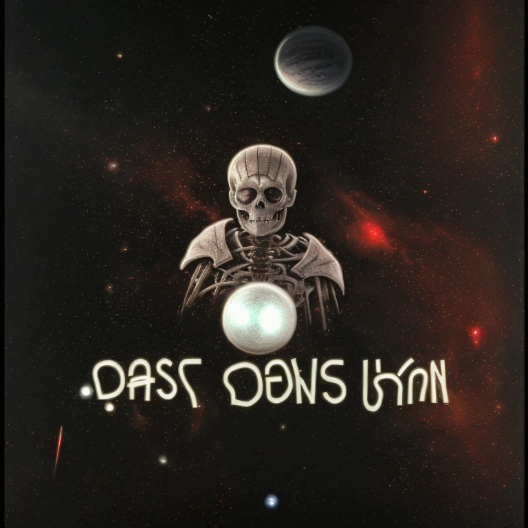dead skeleton face in deep space underground, spaceman, main color red blue black, big black planet in deep space, no man , color magic all, 90s poster inspiration, cinematic night, Cinematic Lighting, in the night, very grainy, dark phantasy