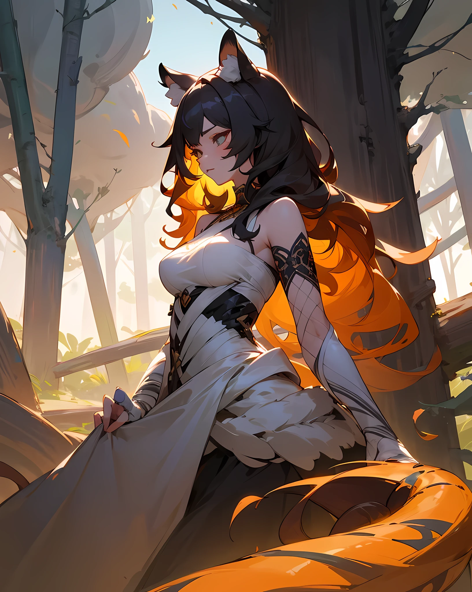 1 girl, monstergirl, Extremely exquisite and attractive, Very beautiful dress, Long colored curly hair, Delicate feather skin, tiger fur, Tiger Ears, Animal ears have downy hair, Big bird's wings, tiger bird girl, Colorful spread wings, a matural female, mesmerizing intricate gown, embroidery, dark evil landscape, lush world, heavy flora, large and complex tree, tropical mood, monstergirl, Gorgeously dressed, feline girl, tmasterpiece, Best quality at best