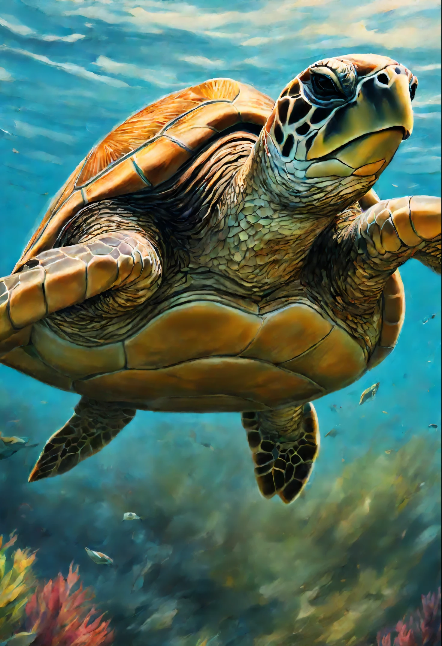 Painting of a huge sea turtle, Running with the wind, gorgeous digital painting, digital oil painting with airbrush, beautiful digital painting, inspired by John Frederick Herring Sr.., inspired by John Frederick Herring Jr.., Stunning digital painting, beautiful sea turtle, Beautiful serene sea turtle, Digital painting in HD format, high quality digital painting, Flowing mane, Epic oil painting, beautiful high quality painting