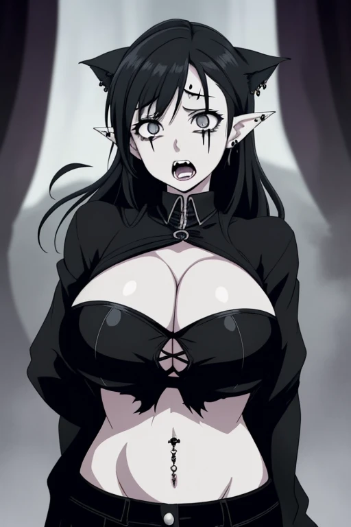 female girl, attractive, horror anime, scary but beautiful, goth girlfriend, ears pierced main focus is stomach, black belly button piercing massive tits, angst, open mouth ready to suck a big phantom cock