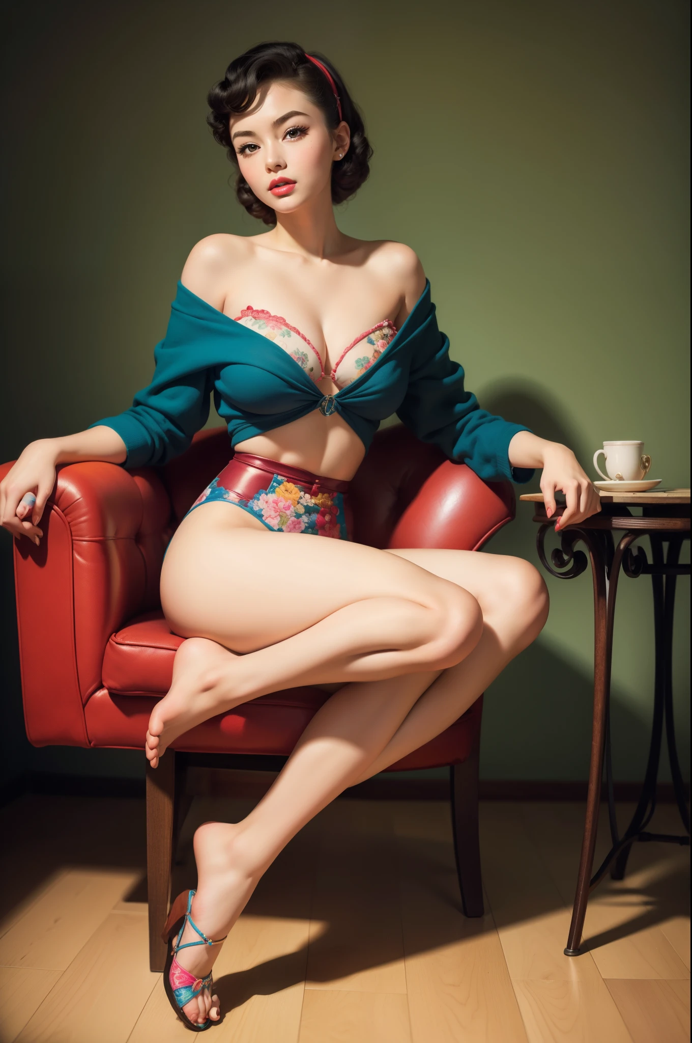 20 years old girl sitting on the chair, wearing sexy tiny bikibi, vintage,  retro pin up style, sexy, feeling wonderful, surprised,   colorful , full body, long shot, masterpieces, illustrated, intricate detailed, hyper realism.