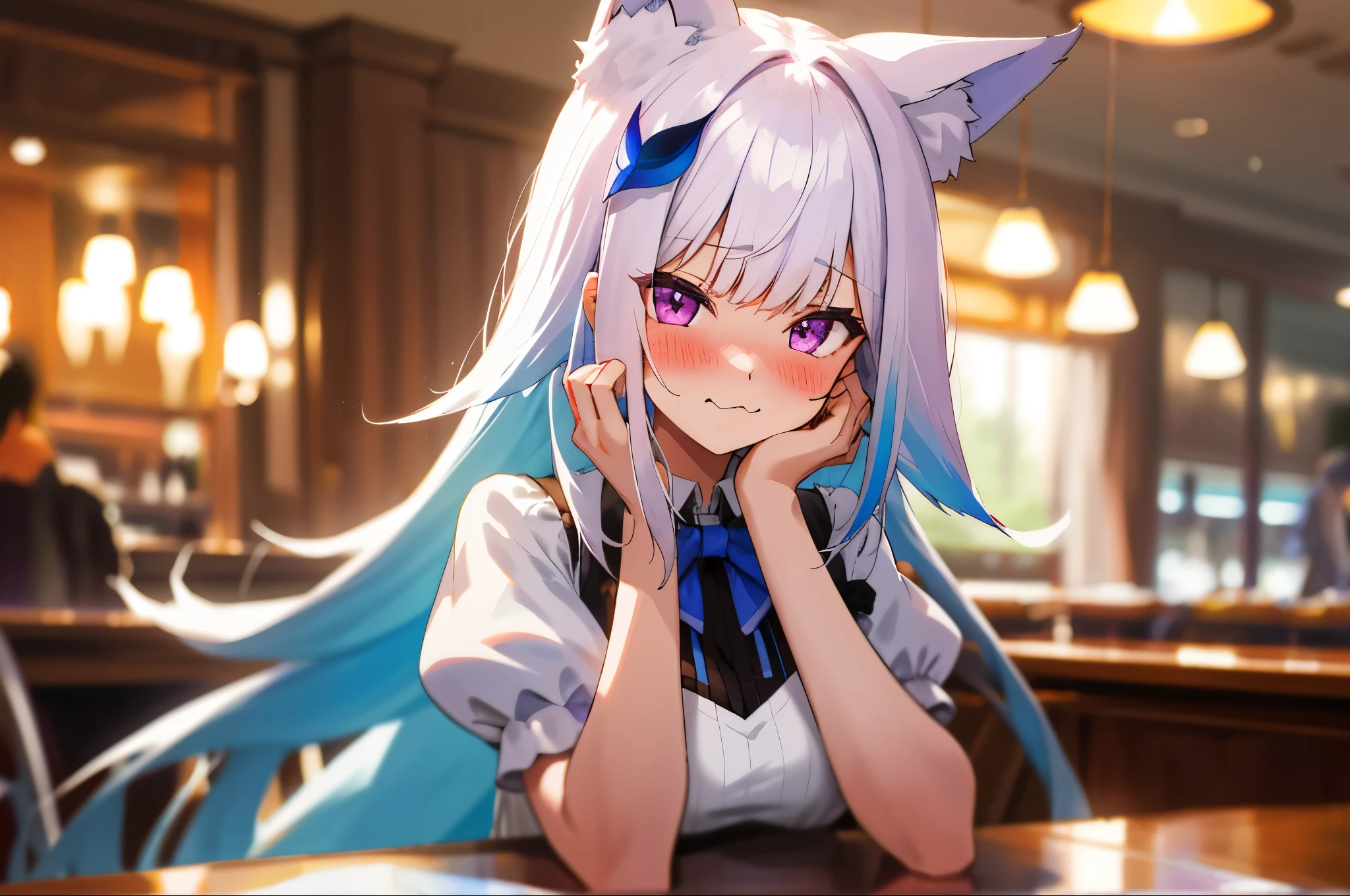 One girl with long hair, bangs, white hair, blue inner hair:1.25) , purple eyes, looking at viewer, blushing, embarrassed, :3, fox ears, indoor, cafe, table, sitting, white dress, mid-chest, night atmosphere, hair ornament, medium breasts, upper body, focus, blurry background, hands in face