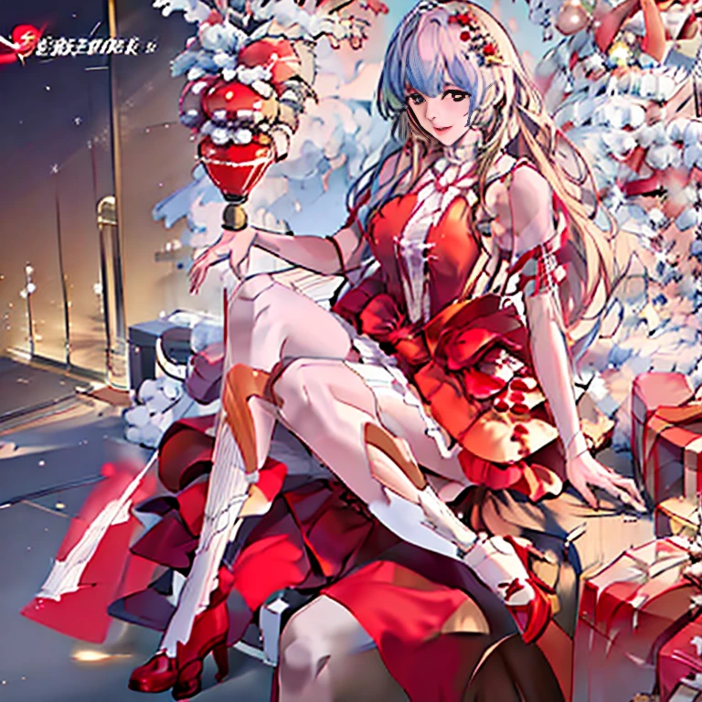 Anime girl in a red dress sitting on a bench with Christmas decorations, loli in dress, blonde anime girl with long hair, Cute anime waifu in a nice dress, guweiz on pixiv artstation, high-heels. anime style at pixiv, Anime Barbie in white stockings, cushart krenz key art feminine, at pixiv, Beautiful anime girl