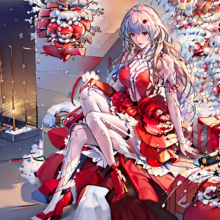 Anime girl in a red dress sitting on a bench with Christmas decorations, loli in dress, blonde anime girl with long hair, Cute anime waifu in a nice dress, guweiz on pixiv artstation, high-heels. anime style at pixiv, Anime Barbie in white stockings, cushart krenz key art feminine, at pixiv, Beautiful anime girl