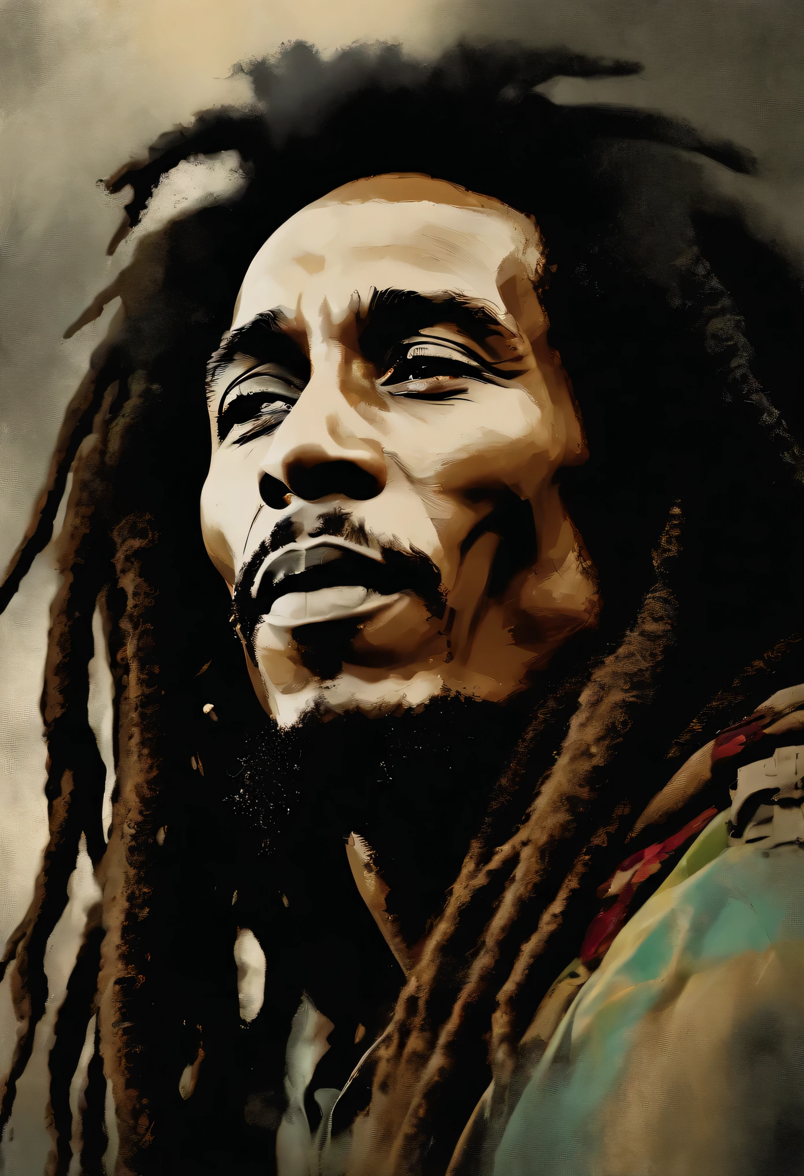 an image of Bob Marley sorrindo , Nenhum estilo de Russ Mills, Michael Garmash, charming sketches, mono-ha, Contemporary Asian art, Lilia Alvarado, Pincelada concisa --AR 69:128 --s 750 --V 5. 2, pinceladas nas cores do reggae