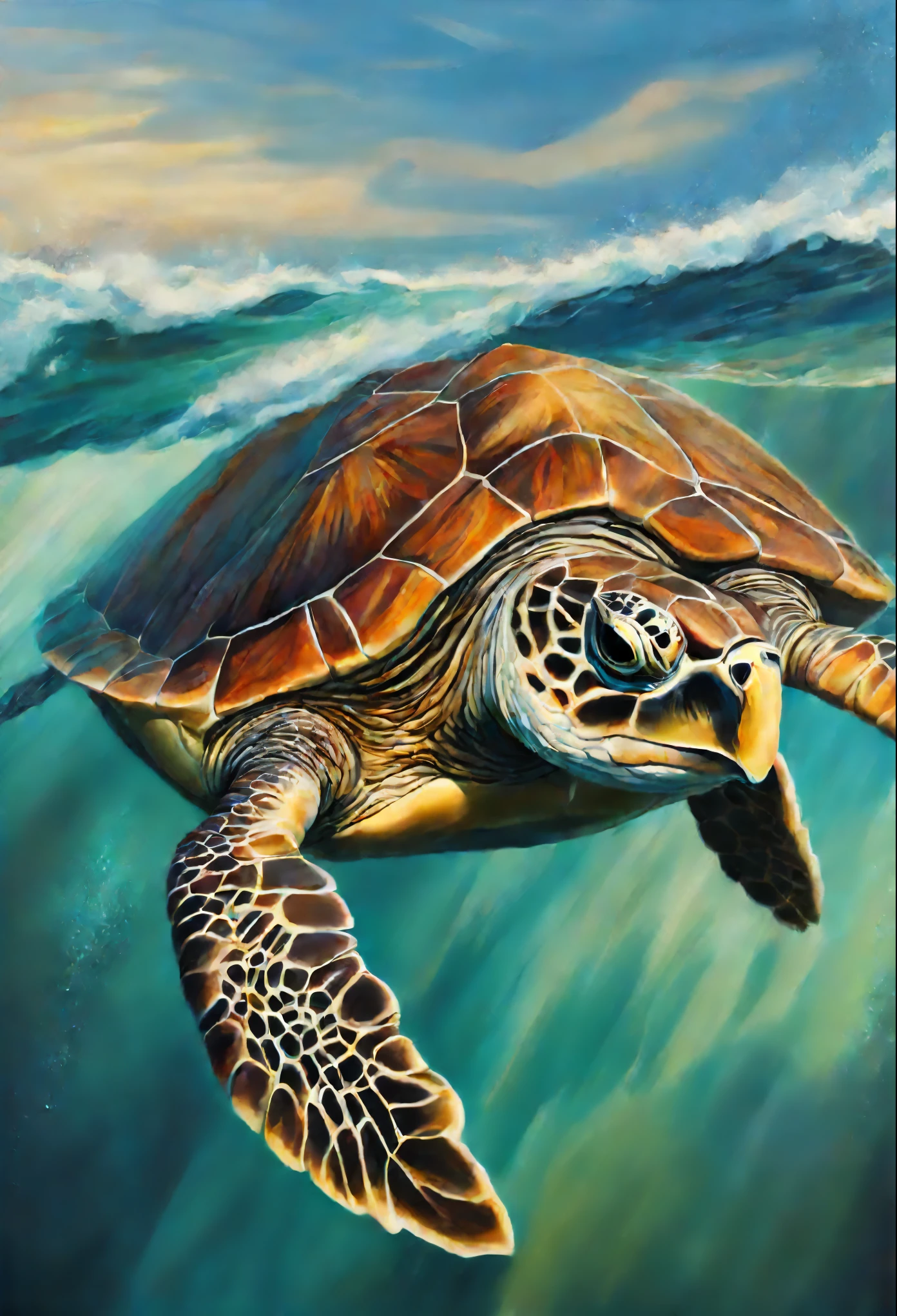 Painting of a huge sea turtle, Running with the wind, gorgeous digital painting, digital oil painting with airbrush, beautiful digital painting, inspired by John Frederick Herring Sr.., inspired by John Frederick Herring Jr.., Stunning digital painting, beautiful sea turtle, Beautiful serene sea turtle, Digital painting in HD format, high quality digital painting, Flowing mane, Epic oil painting, beautiful high quality painting
