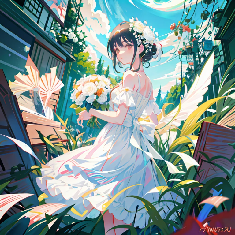 Woman in white dress with bouquet of flowers, she is the center of the garden, loli in dress, Official artwork, Beautiful maiden, with flowers, Anime visuals of cute girls, official anime artwork, Official art, iwakura lain, hanekawa tsubasa, ( ( ( yoshinari yoh ) ) ), Rin