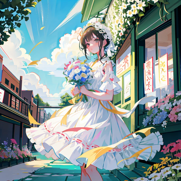 Woman in white dress with bouquet of flowers, she is the center of the garden, loli in dress, Official artwork, Beautiful maiden, with flowers, Anime visuals of cute girls, official anime artwork, Official art, iwakura lain, hanekawa tsubasa, ( ( ( yoshinari yoh ) ) ), Rin