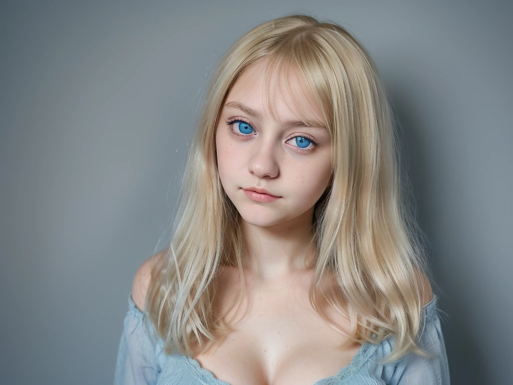(best quality, beautiful ager, blaue Augen, blondes Haar, very large eyes, wearing no underwear, posierend, Der Kamera zugewandt), Ultra-detaillierte Illustration, Lebendige Farben, portrait, Soft pastel tones, Warmes und weiches Licht.