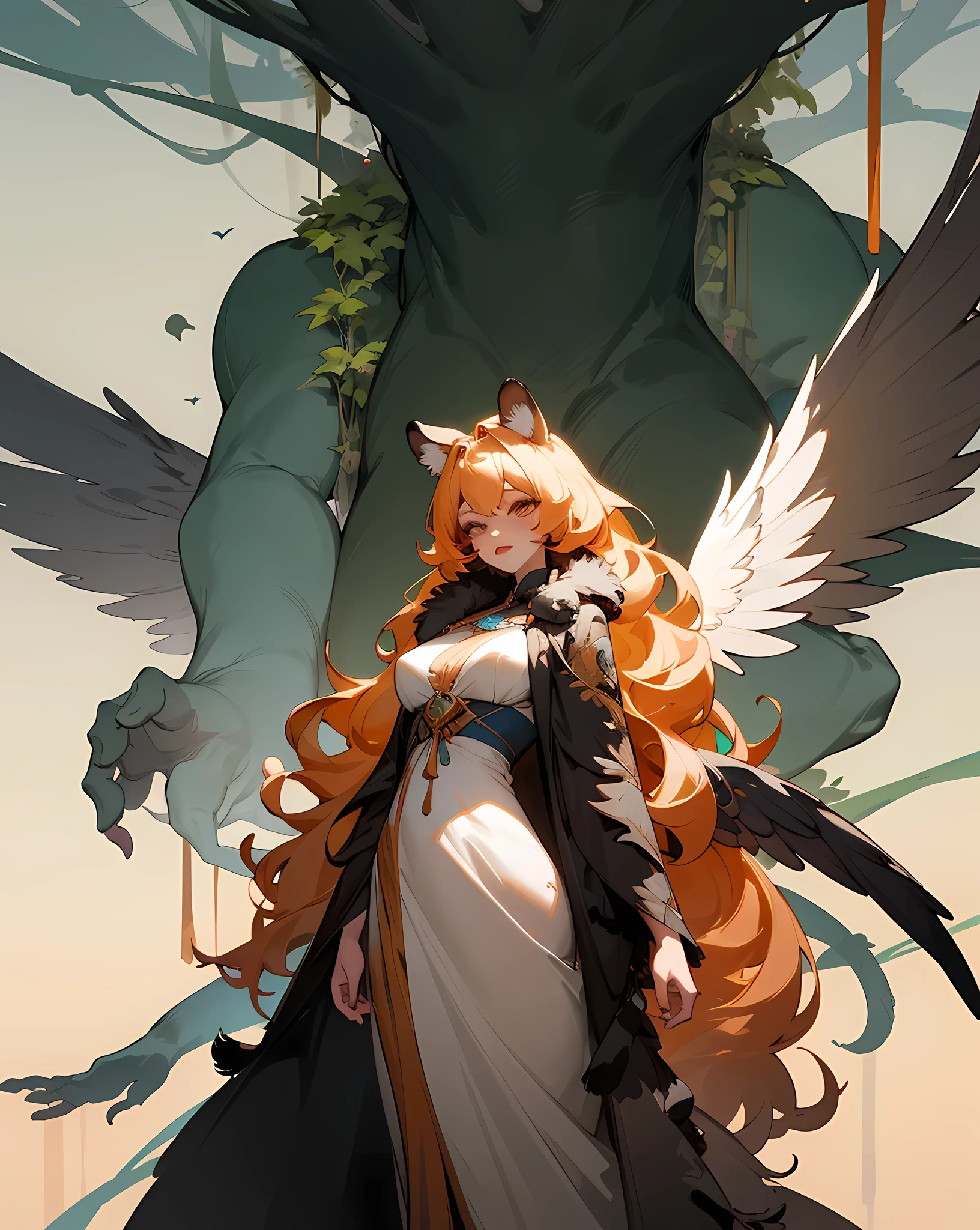 1 girl, monstergirl, Extremely exquisite and attractive, Very beautiful dress, Long colored curly hair, Delicate feather skin, tiger fur, Tiger Ears, Animal ears have downy hair, Big bird's wings, tiger bird girl, Colorful spread wings, a matural female, mesmerizing intricate gown, embroidery, dark evil landscape, lush world, heavy flora, large and complex tree, tropical mood, monstergirl, Gorgeously dressed, feline girl, tmasterpiece, Best quality at best