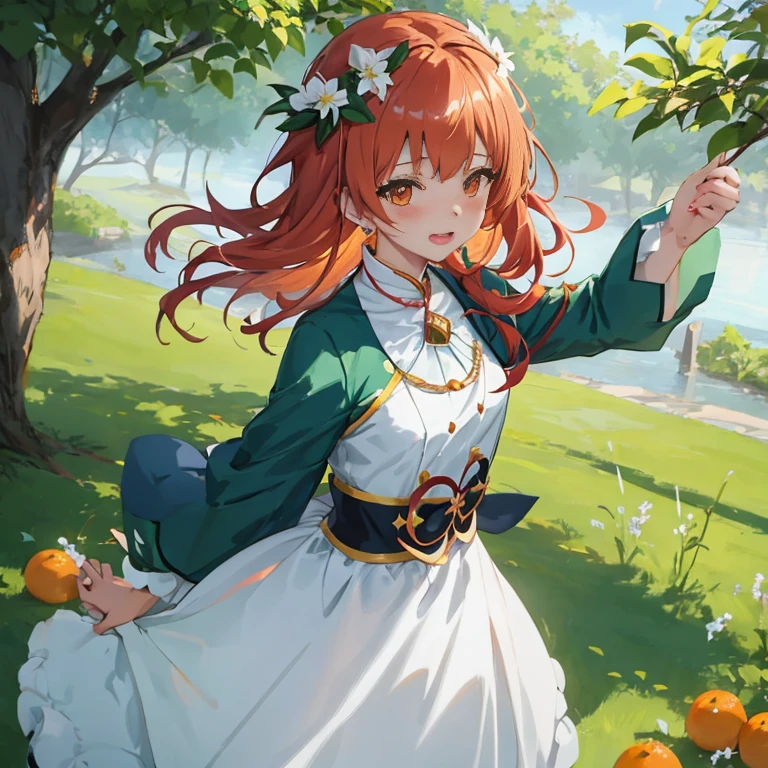 Anime girl in a white dress with orange in her hair, Ayaka Genshin Impact, maRin kitagawa fanart, Rin, guweiz on pixiv artstation, anime lush john 8k woods, guweiz on artstation pixiv, ayaka game genshin impact, made with anime painter studio, Cute anime waifu in a nice dress