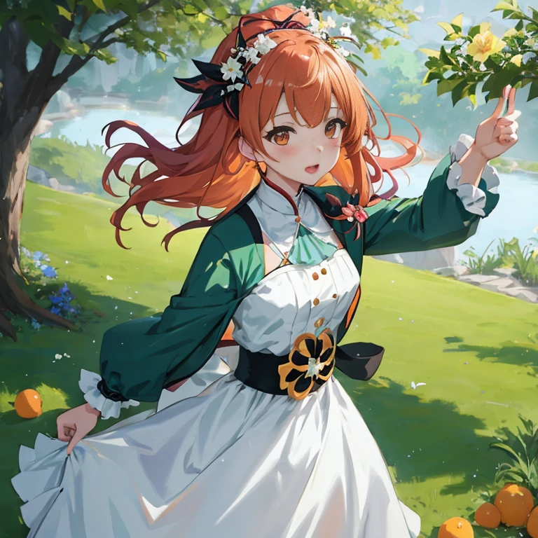 Anime girl in a white dress with orange in her hair, Ayaka Genshin Impact, maRin kitagawa fanart, Rin, guweiz on pixiv artstation, anime lush john 8k woods, guweiz on artstation pixiv, ayaka game genshin impact, made with anime painter studio, Cute anime waifu in a nice dress