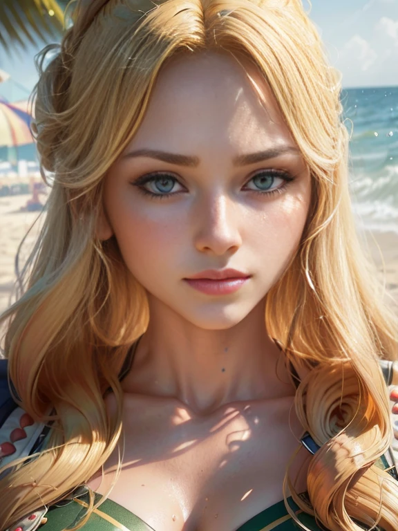 realisitic, high-detail, Hyper Detail, depth of fields, 1 Lady,  facial close-up, (((1 Lady:1.37, Solo))), (((Extreme close-up of the face))), (Beautiful face, Cute face, Detailed face,),  BREAK, ((( Golden hair, Semi-long hair, Hair pulled back, Wavy Hair))), (((Detailed beautiful green eyeREAK, (((Sunny))), (((in beach))), BREAK, blazing, Shiny skin, extremely detailed CG unified 8k wallpaper, very fine 8KCG wallpaper,  (​masterpiece, Best Quality), High resolution, Ultra-detailed, ultra-sharp, Cinematic lighting,