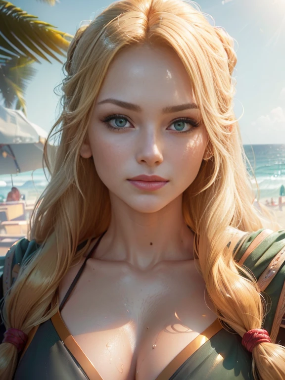 realisitic, high-detail, Hyper Detail, depth of fields, 1 Lady, facial close-up, (((1 Lady:1.37, Solo))), (((Extreme close-up of the face))), (Beautiful face, Cute face, Detailed face,), BREAK, ((( Golden hair, Semi-long hair, Hair pulled back, Wavy Hair))), (((Detailed beautiful green eyeREAK, (((Sunny))), (((in beach))), BREAK, blazing, Shiny skin, extremely detailed CG unified 8k wallpaper, very fine 8KCG wallpaper, (masterpiece, Best Quality), High resolution, Ultra-detailed, ultra-sharp, Cinematic lighting,