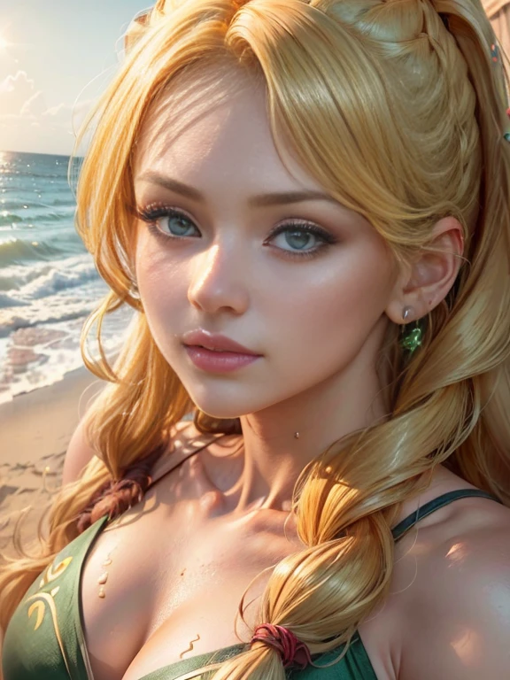 realisitic, high-detail, Hyper Detail, depth of fields, 1 Lady, facial close-up, (((1 Lady:1.37, Solo))), (((Extreme close-up of the face))), (Beautiful face, Cute face, Detailed face,), BREAK, ((( Golden hair, Semi-long hair, Hair pulled back, Wavy Hair))), (((Detailed beautiful green eyeREAK, (((Sunny))), (((in beach))), BREAK, blazing, Shiny skin, extremely detailed CG unified 8k wallpaper, very fine 8KCG wallpaper, (masterpiece, Best Quality), High resolution, Ultra-detailed, ultra-sharp, Cinematic lighting,