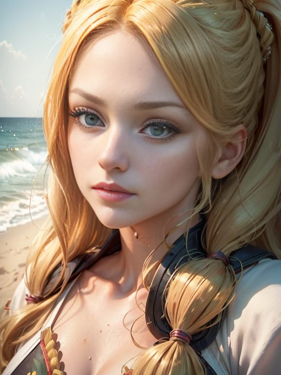 daisy keech anime seductive， 1girl ,Close-up shot，ssmile，Be red in the face，blond hairbl，Portrait photo，looks into camera，tmasterpiece，beachside，sandbeach，Greenery，sfw，Frontal photo，looks into camera，perfect bodies