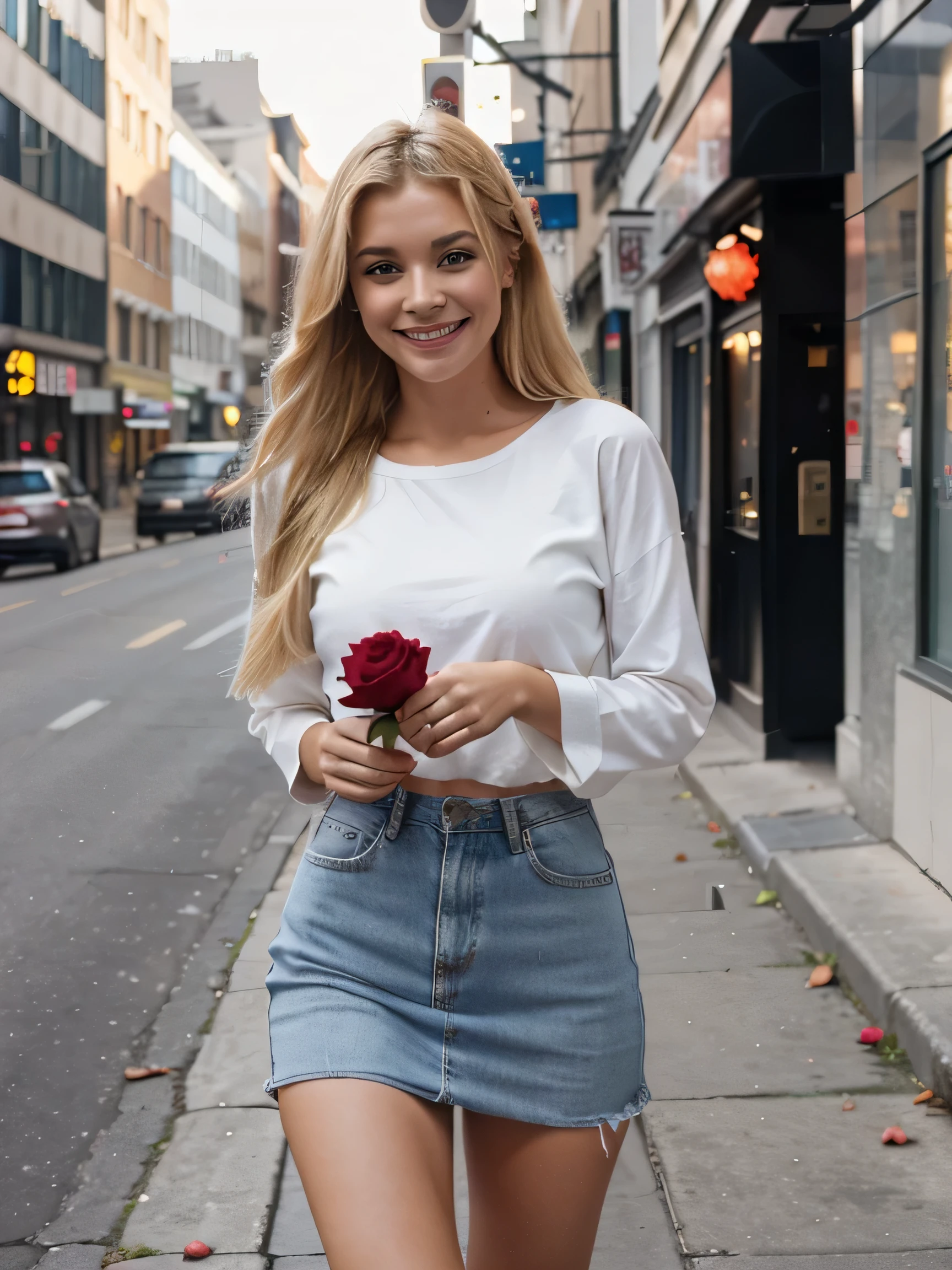 beautiful girl, blonde hair, with one red rose, smiling, fashion outfit walking on city street