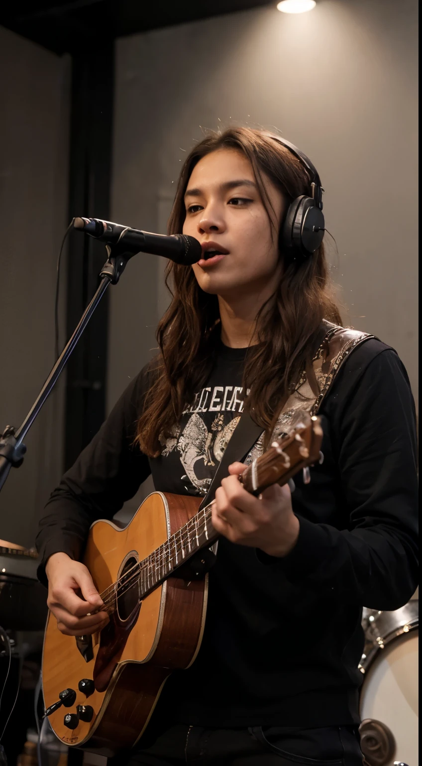 photography of a handsome Indonesian man, 25 years old, brown skin, long curly neck-length hair, slightly round oval face shape. currently recording in a music studio, using headphones and holding a microphone, singing a metal song emotionally. The background is quite dark, with some guitars in the background. full HD ultra 8k, very realistic, intricate details