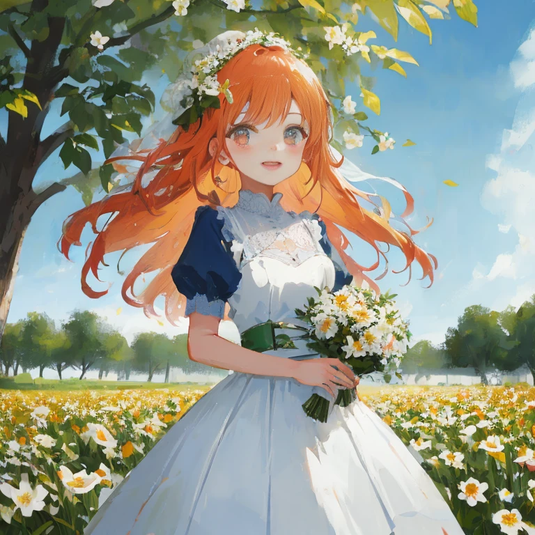 Anime girl in white dress with bouquet of flowers, guweiz on pixiv artstation, Official art, Rin, cushart krenz key art feminine, guweiz on artstation pixiv, made with anime painter studio, Trending on ArtStation pixiv, painted in anime painter studio, stands in a flowering field, in flower field