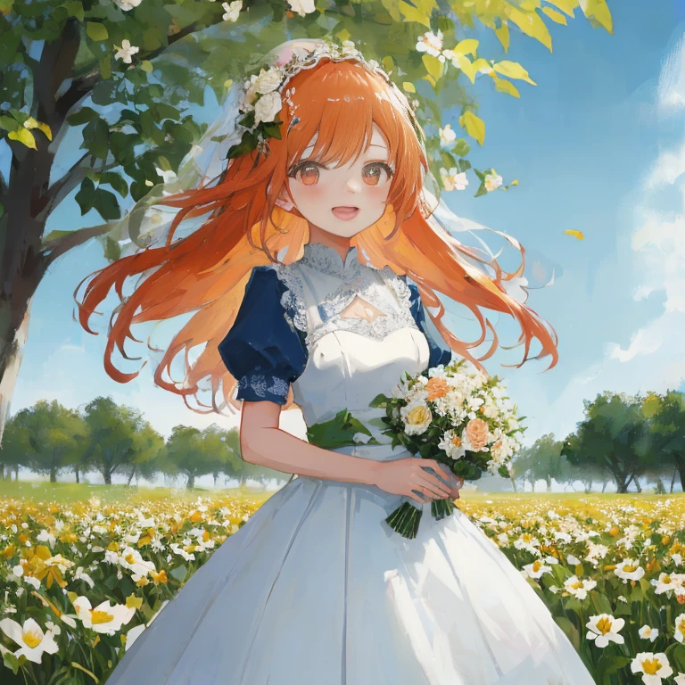 Anime girl in white dress with bouquet of flowers, guweiz on pixiv artstation, Official art, Rin, cushart krenz key art feminine, guweiz on artstation pixiv, made with anime painter studio, Trending on ArtStation pixiv, painted in anime painter studio, stands in a flowering field, in flower field