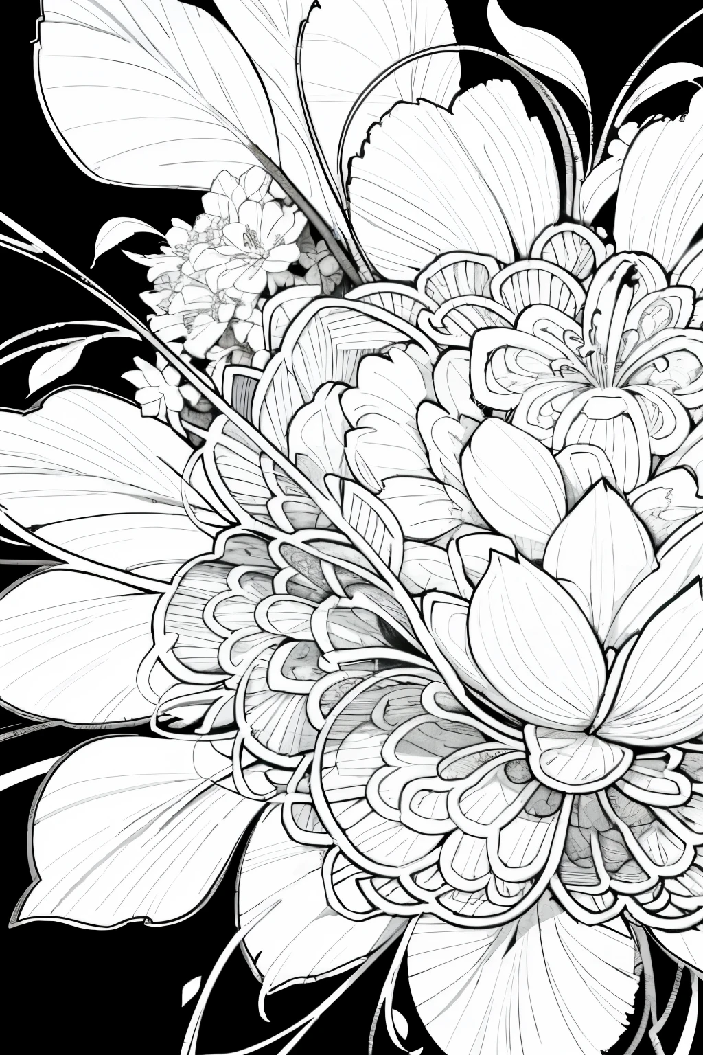 a coloring page with a large flower design on it, coloring book outline, coloring book page, clean coloring book page, flowers with intricate detail, detailed line art, black and white coloring, line art colouring page, intricate details illustration, line - art, intricate flower designs, detailed patterned background, black and white line art, black on white line art