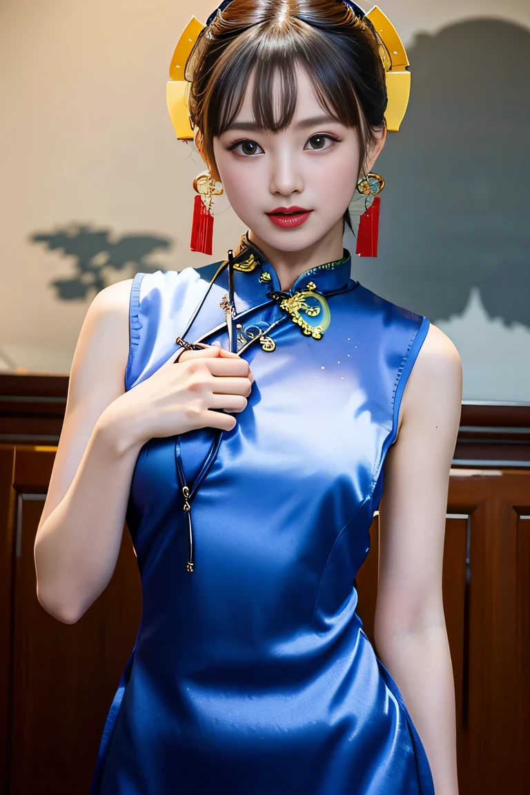 One Chinese Woman、Chinese Garden、(She is wearing a super shiny satin long cheongsam.:1.8)、(Provocative facial expressions), (Sleeveless Chinese long dress that fits the body:1.8)、 Anatomically correct proportions, 8K, RAW shot, Best High Quality, masterpiece, realphoto, (portlate:1.5), 18-year-old Chinese beauty, beautiful hairl、(Beautiful woman with slender figure:1.5)、(medium udder:1.5)、(She wears a super shiny cheongsam with traditional colors and patterns.:1.5)、(Nipple shadow:1.5)