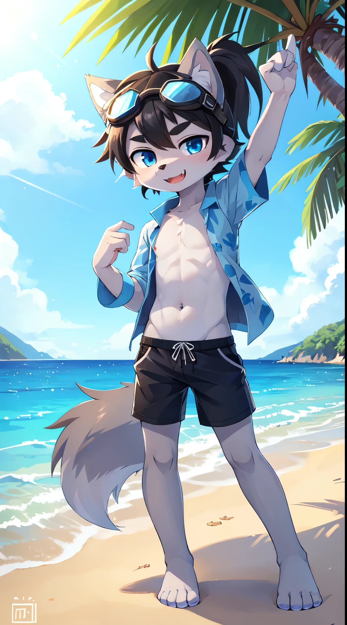Furry shota, young, wolf, black hair, long spiky ponytail, blue eyes, detailed body fur, ((blue hawaiian shirt, open clothes, black swim trunks, goggles)), masterpiece, looking at you, fangs, clear grey body fur, detailed face, big eyebrows, detailed eyes, detailed body, detailed body fur, detailed hands, flat body, glistering body, shiny body, skinny, sassy face, :3, beach, clear sky, full body, feets whit three toes,