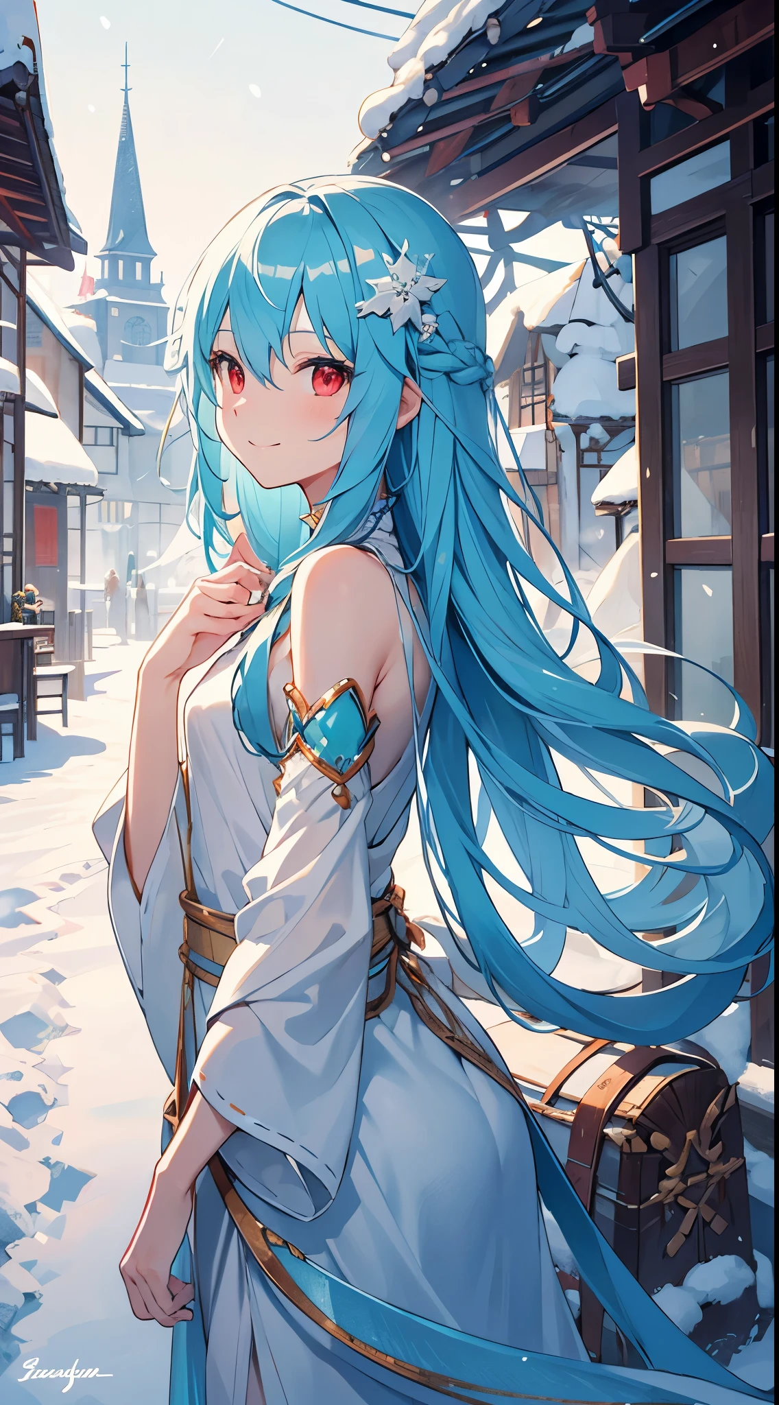 [[[ ultra-detailed, best quality, soft skin, beautiful, 4K]]] cyan hair, silky hair, red eyes, long hair, tied-up hair, medium hair, traveler clothes, slim body, dynamic angle, snowy village, princess, small smile. hairpin