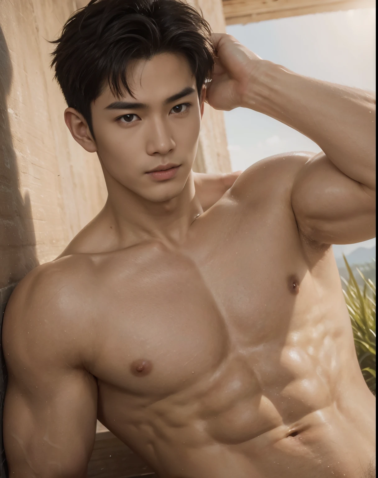 masterpiece, best quality, high quality, intricate details, perfect lightings, 1boy, solo, male focus, looking at viewer, a young handsome muscular vietnamese boy, male model, flexing, mischievous, naughty, detailed eyes, detailed face, smooth hair, realistic skin, perfect hands, realistic, solo, wearing nothing, completely , looking at viewer, low angle shot, Realistic, fully nakedl body nude , cor male penis, correct scrotum, perfect scmale structure, cmale genitelia, huge male genitelia, outdoors, sunset, beautiful scenery