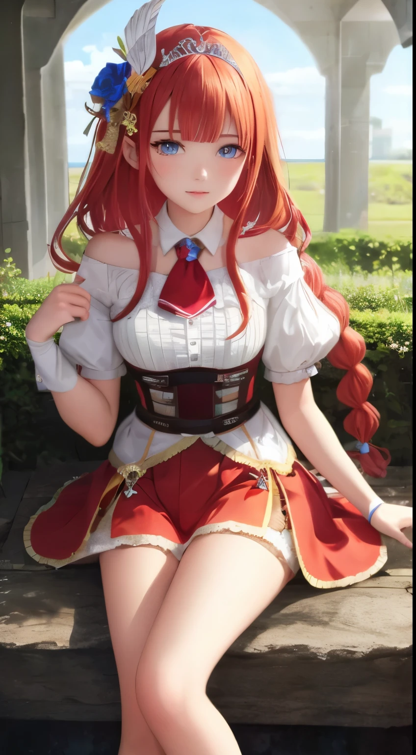 pecorine, pecorine, blue eyes, hair ornament, long hair, orange hair, tiara, braid, hair braid, BREAK arm belt, armor, ascot, blue socks, boots, dress, gloves, hair ornament, open clothes, open dress, pauldrons, pleated skirt, puffy short sleeves, puffy sleeves, red ascot, red skirt, short sleeves, shoulder armor, single pauldron, skirt, socks, white dress, white footwear, white gloves, BREAK looking at viewer, full body, BREAK outdoors, BREAK (masterpiece:1.2), best quality, high resolution, unity 8k wallpaper, (illustration:0.8), (beautiful detailed eyes:1.6), extremely detailed face, perfect lighting, extremely detailed CG, (perfect hands, perfect anatomy),