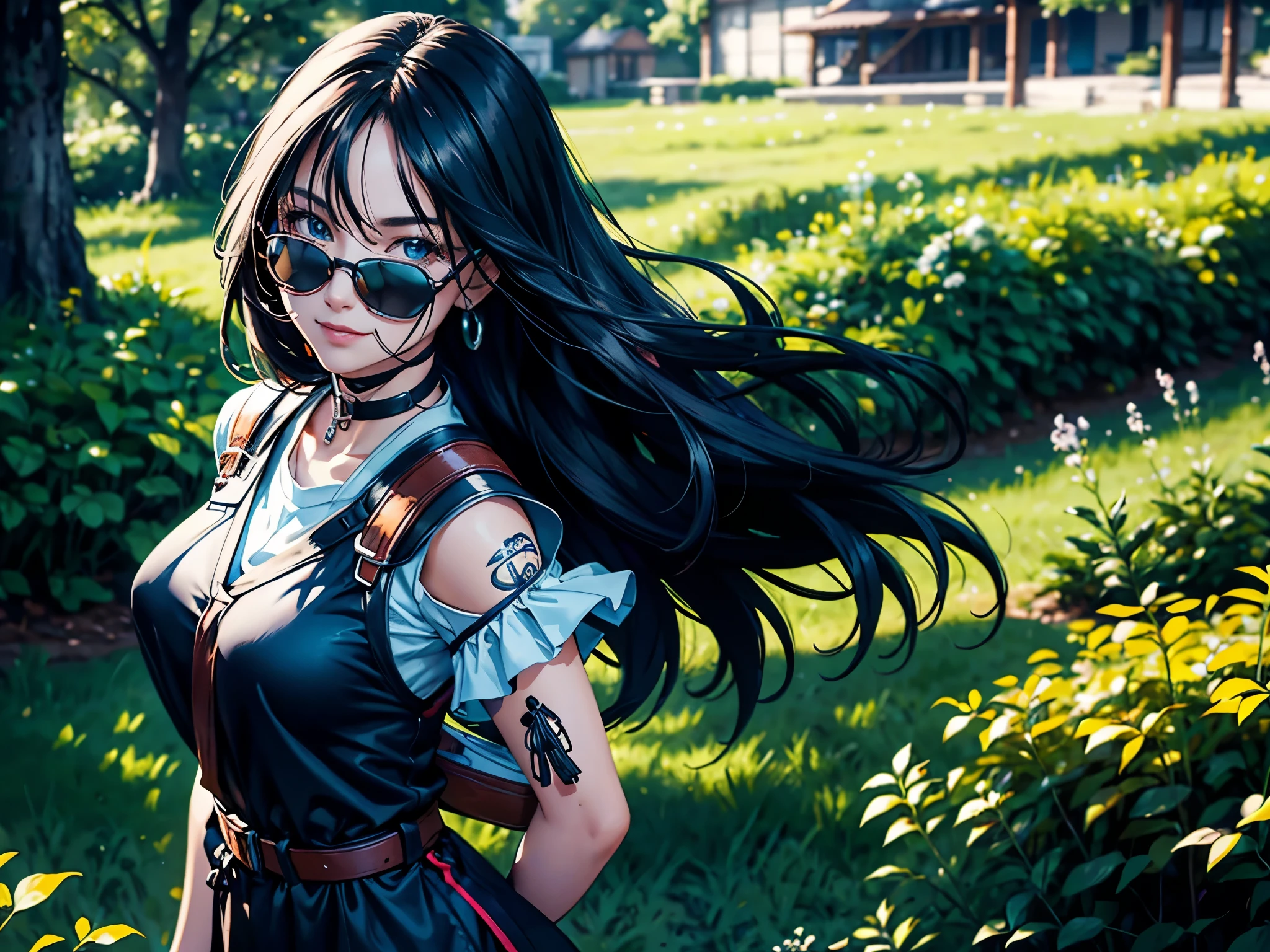 solo, woman, outdoor outfit, black hair, long hair, shiny hair, jewelry, light smile, outdoor field, detailed beautiful face and eyes, surrelism, cinematic lighting, jpeg artifacts, Eye-Level Shot, drop shadow, depth of field, hyperrealism, Ghibli-like colours, tachi-e, masterpiece, retina, ccurate, best quality, highres, 4K, super detail