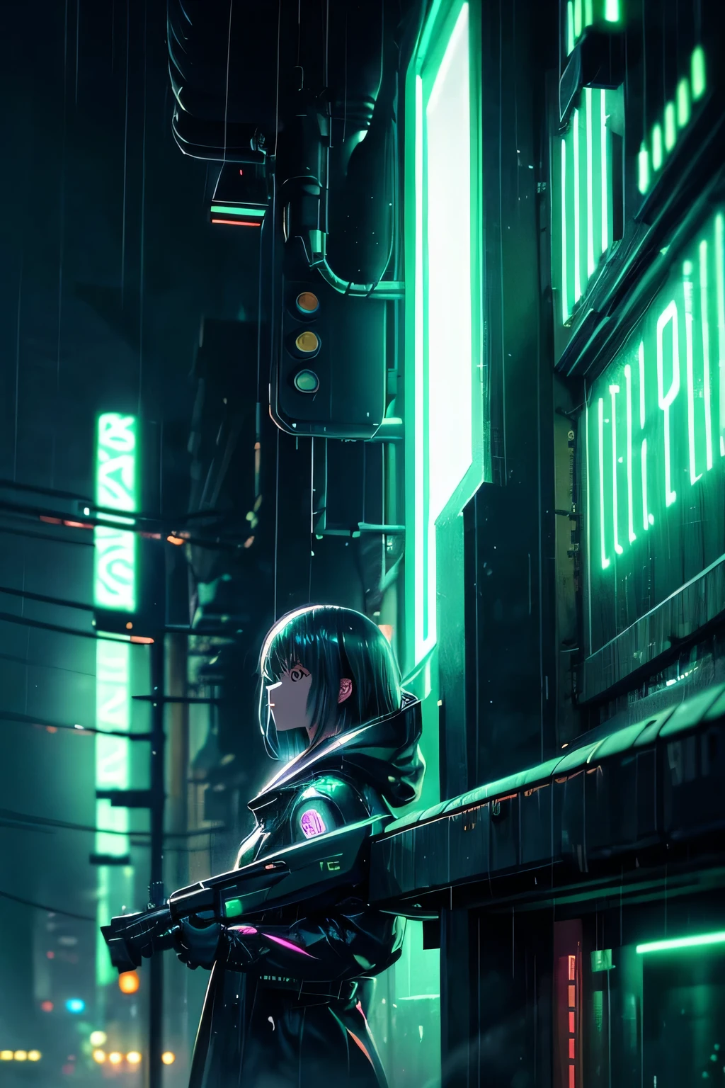 (Ultra detailed:1.3),(grainy:0.8), natural green lighting, futuristic city, (raining:1.3), (dark:1.3), (fog:1.2), green lights, neon lights AND japanese girl, cape with hood, light logo, [cyberpunk clothing:torn fabric:0.35], green lights, neon lights, Matrix style, menacing, sharp, (pointing weapon at the viewer:1.2),(Cold Colors:0.75), highly detailed, vibrant appearance, creative behavior, extremly detailed, imaginative, , spontaneous, highest quality, skin texture, intricate details, (cinematic lighting), RAW photo, 8k, masterpiece,best quality,ultra-detailed,very detailed illustrations,extremely detailed,intricate details,highres,super complex details,extremely detailed 8k cg wallpaper,
