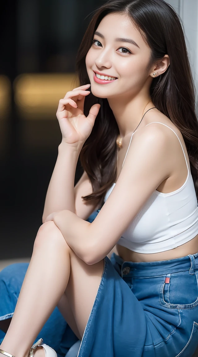 Highest quality, realistic, Excellent details, exquisite, high resolution, 8k wallpaper, 1 beautiful woman, full body, light brown messy hair. full picture: short, Low waisted micro denim skirt, dilapidated, gray, Wrinkles, There are scratches.., and tear. thin, disorganized, A white tank top that was torn and frayed.., ซ่อนหน้าอกthinส่วนของเธอ, โชว์หัวนมthinส่วน.. Revealing her breasts and nipples, see beauty, sexy belly., เผยหน้าอกเล็กและอกเปลือยthinส่วน. Open and lift your legs to reveal your underwear..., Long legs, เซ็กซี่ high heels that wrap around the ankles to below the knees, Sharp focus, Perfect dynamic composition. Beautiful and detailed eyes, beautiful red lips, ผมthin, detailed realistic skin textures, smile, Close-up photo, model'body. Wear gloves for motorcyclists....