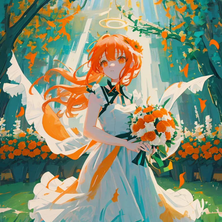 Anime girl in a wedding dress holding an orange bouquet, made with anime painter studio, painted in anime painter studio, anime lush john 8k woods, Rin, she is the center of the garden, guweiz on pixiv artstation, Orange halo around her head, zerochan art, Orange and white, Cute anime waifu in a nice dress, white and orange