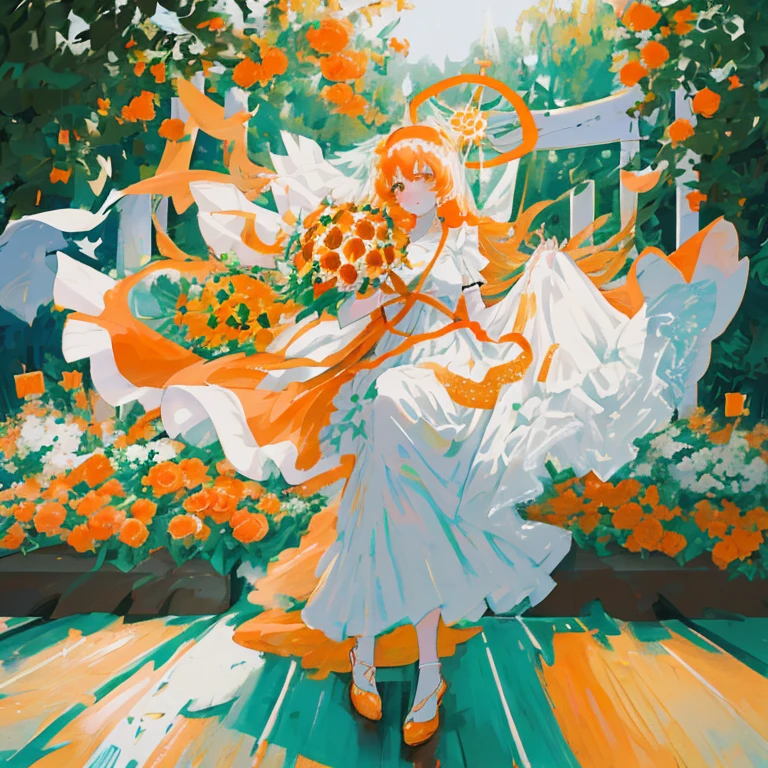 Anime girl in a wedding dress holding an orange bouquet, made with anime painter studio, painted in anime painter studio, anime lush john 8k woods, Rin, she is the center of the garden, guweiz on pixiv artstation, Orange halo around her head, zerochan art, Orange and white, Cute anime waifu in a nice dress, white and orange