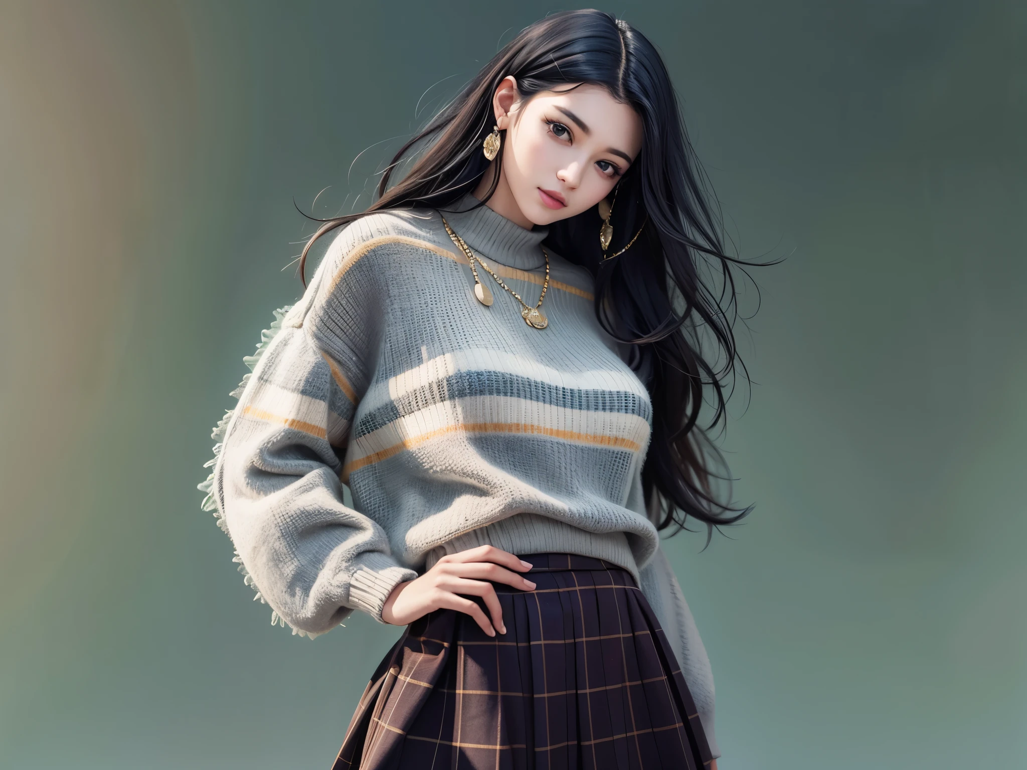 solo, cool woman, Sweater and checked skirt, black hair, long hair, shiny hair, jewelry, light smile, detailed beautiful face and eyes, surrealism, cinematic lighting, jpeg artifacts, Eye-Level Shot, drop shadow, depth of field, hyperrealism, tachi-e, masterpiece, retina, ccurate, best quality, highres, 4K, super detail