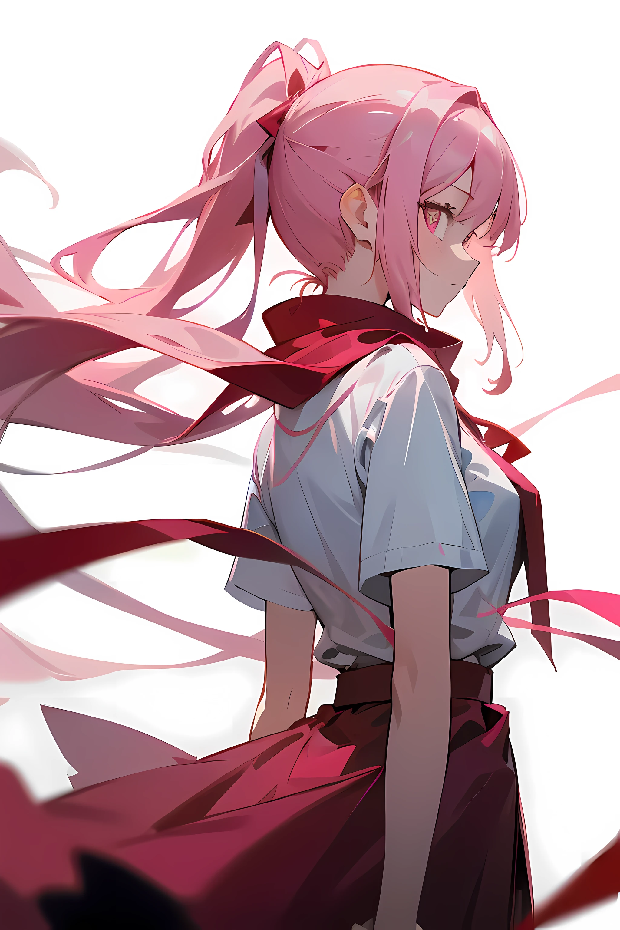 1girl, long pink hair, ponytail, pink eyes, plain white shirt, red skirt, wearing red ribbon as a scarf, sad, floating, Looking back, facing away from viewer, white background, absurdres, high res, ultrasharp, 8k, masterpiece
