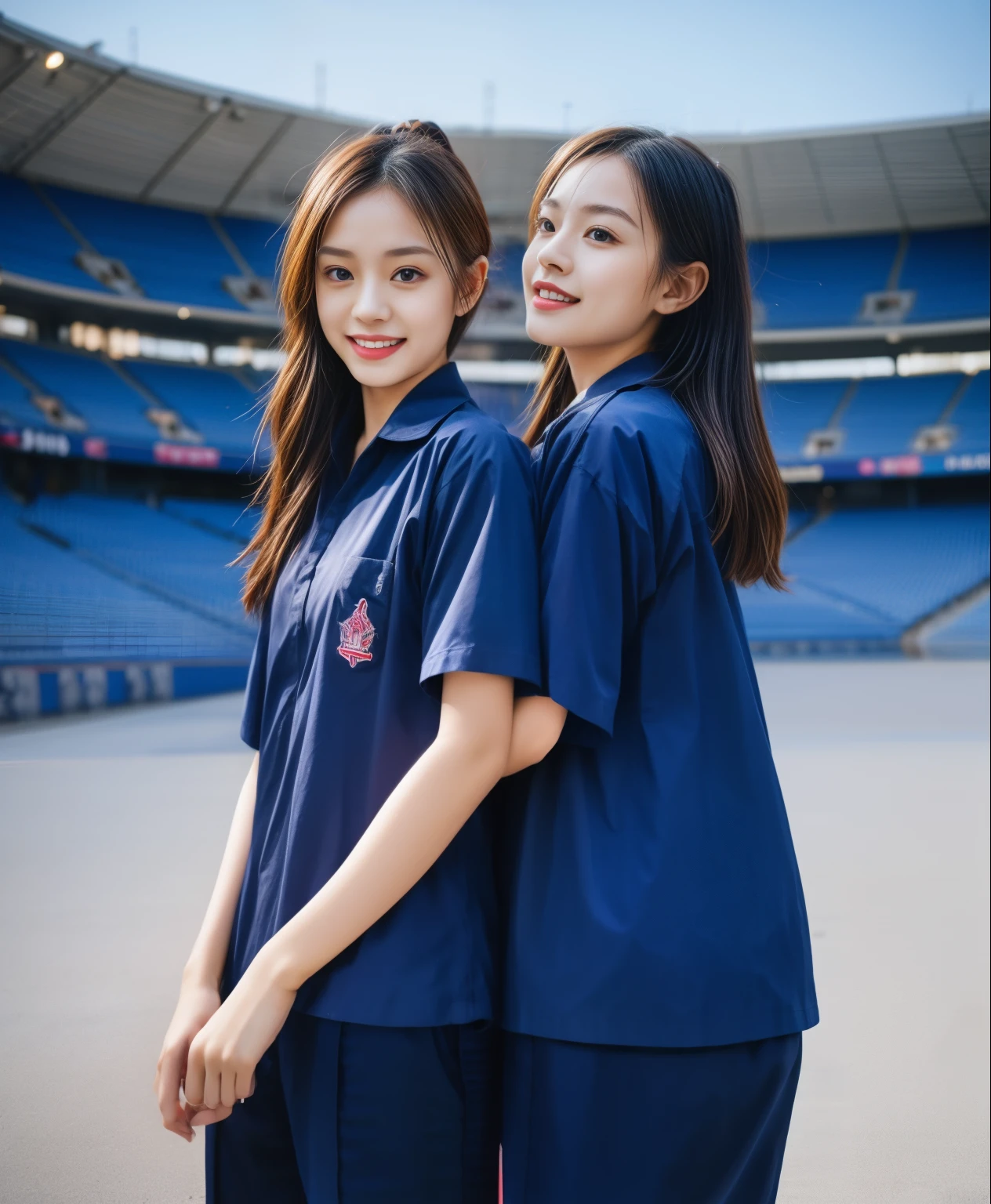 (bestquality,10,10,highres,masterpiece:1.2),ultra-detail,(Realistic,ภาพRealistic,photo-realistic:1.37),1 Cute girl in the football field,oily shiny skin,bara,light smile,BDclothelue shirt:1.3)),short sleeves,shirt, trousers.,(navy_long_ติดตามtrousers:1.1), ((Stadium Background:1.3)),dynamic angle,excited,face focus,Dynamic Poses,from behide,Ass Focus,masterpiece, bestquality, ultra realistic, hyper-detail, 8k resolution, RAW photo, crisp focus, ((Navy blue shirt:1.1)), short sleeves, เส้นทางlong, Complete bodyแบบ, 2 mature women, 18yo, cinematic light,trousersวอร์มสีน้ําเงิน,Gymware,Correct anatomy,Complete body, Correct body, sharp face, Correct bodyทางกายวิภาค, full entire body, Realistic gestures, long-haired, Realistic poses,Wear long shorts..............................,ช่วงขาlong,Shapely,Sculpting Girl, Slender Figure, mannequin mannequins, Shapely, Beautiful body,trousersวอร์มสีน้ําเงิน, Two girls kissing