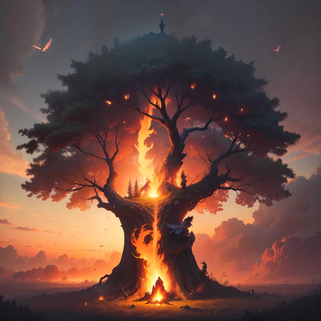 tree of Life with Angel Wings flying above a burning forest, Epic, glowing --auto --s2