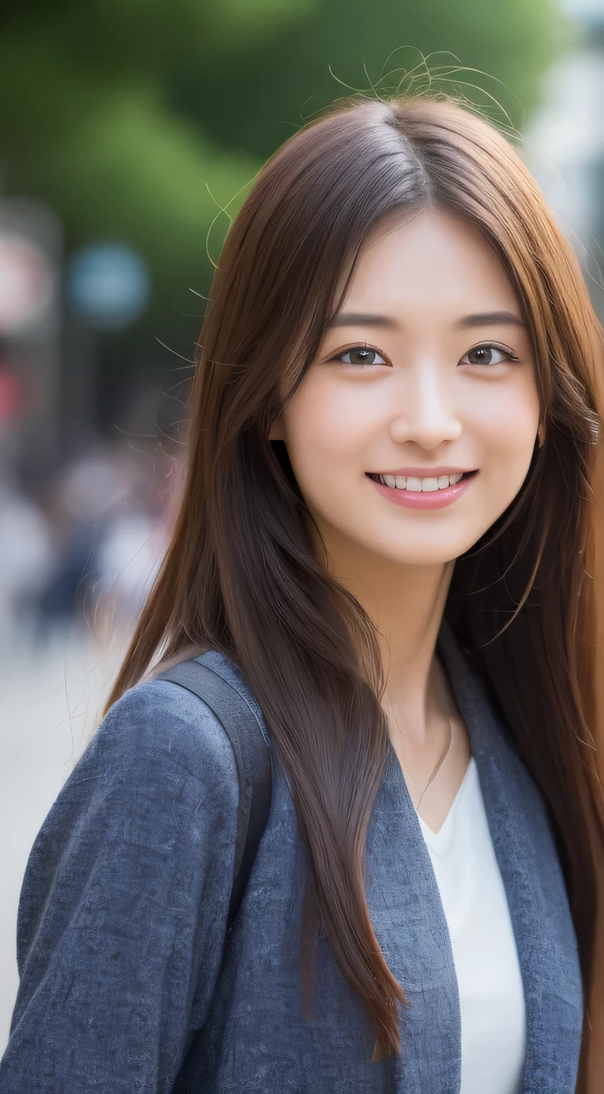 ((top-quality、8K、​masterpiece:1.3))、1girl in、A smile、full body Esbian、Slim Faces、Pretty women、(dark brown  hair)、Full-length dresses:1.1、hyperdetailed face、Whitened skin、A detailed eye、二重まぶた、blured background、Slim Faces、城市、takeout、a street、