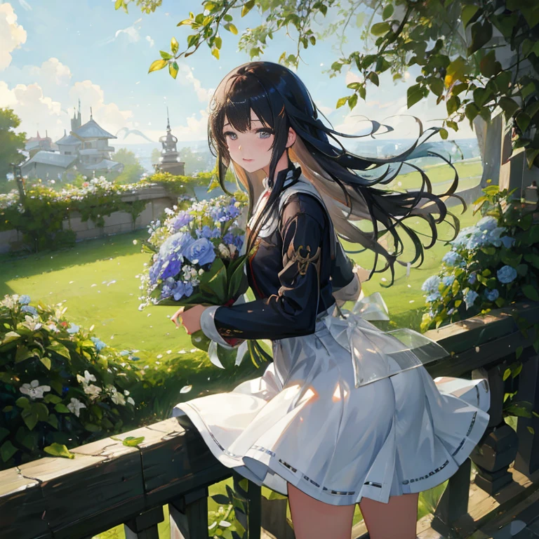 long hair anime girl with flowers on balcony, guweiz, artwork in the style of guweiz, guweiz on pixiv artstation, Anime visuals of cute girls, guweiz on artstation pixiv, Official art, high detailed Official artwork, marin kitagawa fanart, guweiz masterpiece, with flowers