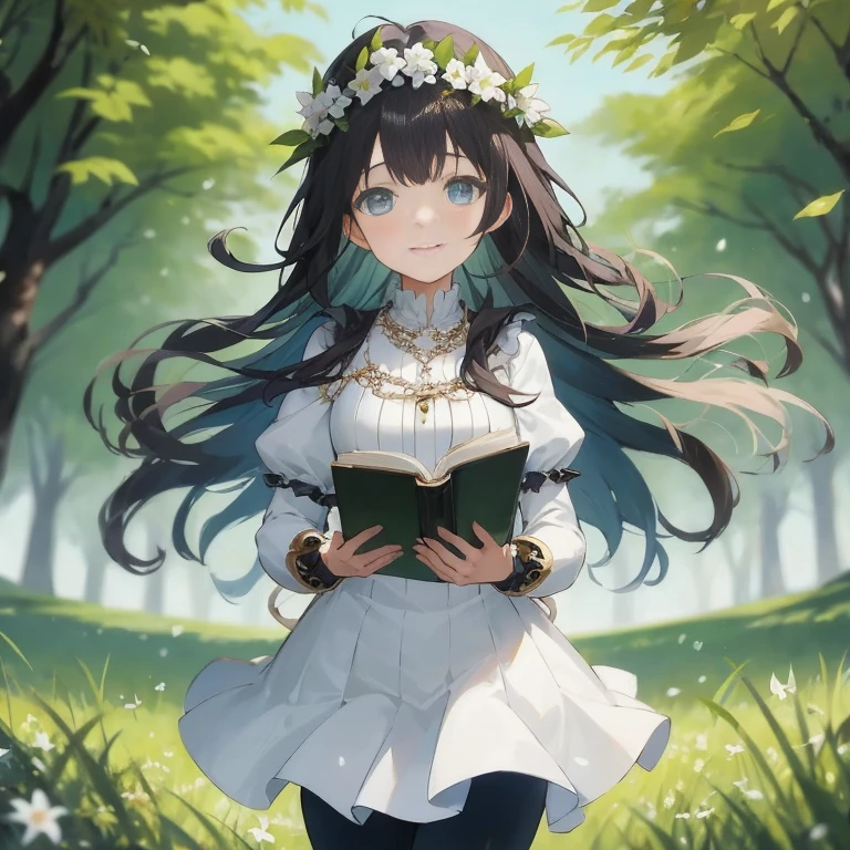 Woman in a white dress with a book in the forest, anime moe art style, 4 k manga wallpaper, Anime visuals of cute girls, Beautiful anime girl, Anime art wallpaper 8k, Light Novel Cover Art, young anime girl, anime art wallpaper 4k, anime art wallpaper 4k, Anime Girl with Long Hair, epic light novel art cover, hestia